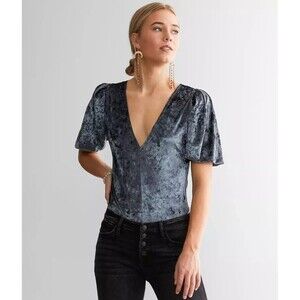 Free People NWT Don't You Wish velvet bodysuit size L dark grey puff sleeve